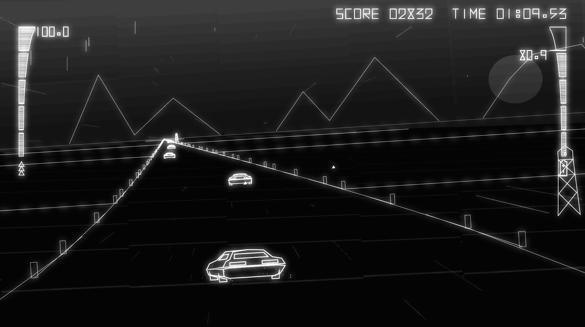 A screenshot from Byte Driver. It's a black and white racing game done in the style of a Vectrex game. The mountains in the background are lines, the road is a bendy line, the car is also made up of lines. 