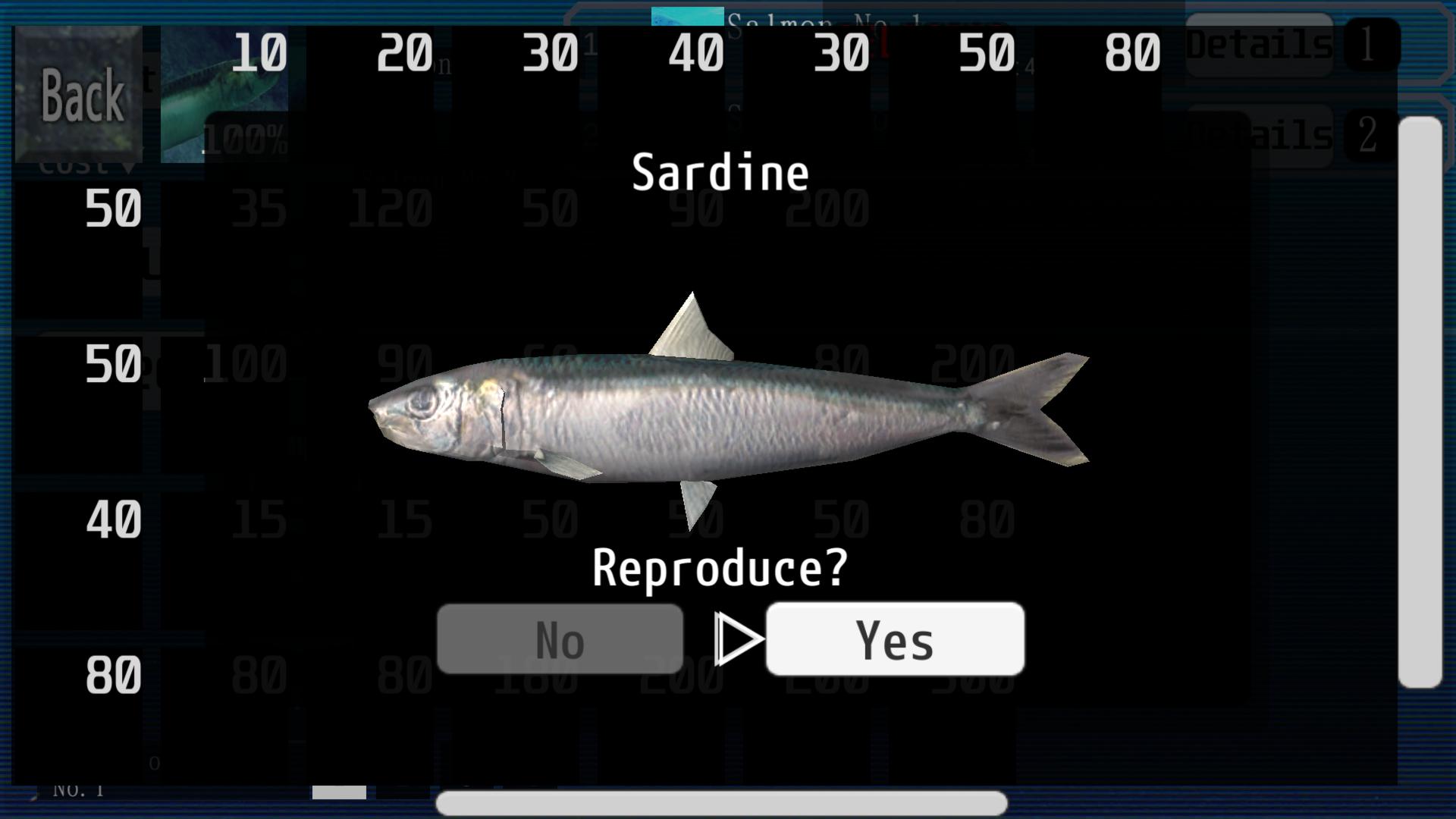 A screenshot from Ace Of Seafood. It's a sardine with a yes/no choice for the question Reproduce?