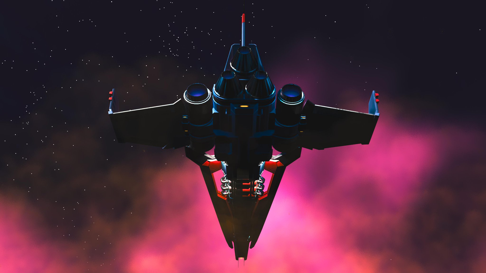 A moody shot of a spaceship from the rear, set against a red and purple nebula