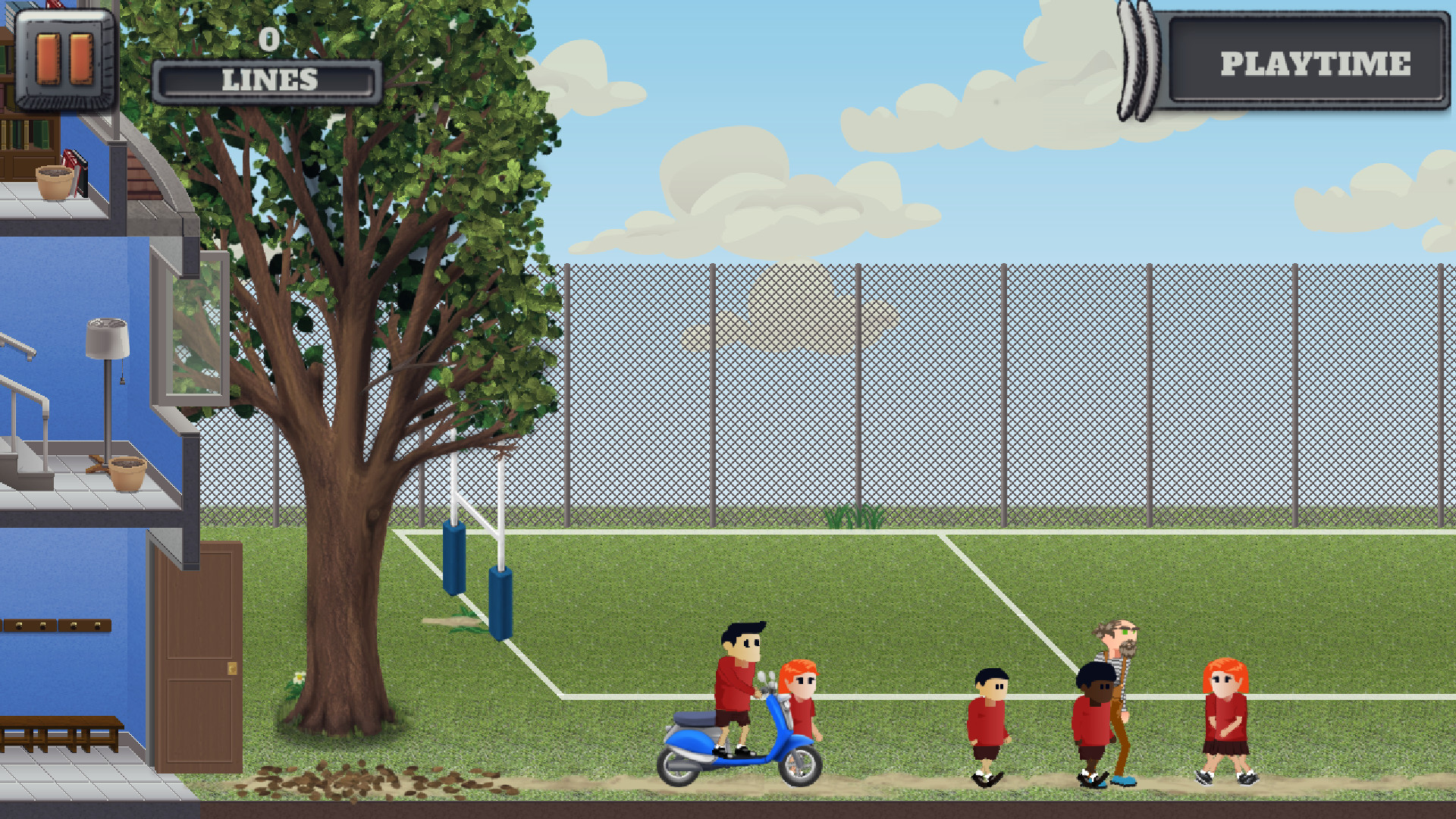 A screenshot from Skool Daze Reskooled. It's a side on cutaway of a school to the left, the rest of the screen is taken up with a school field. A kid rides a scooter whilst some other kids and a teacher mill around