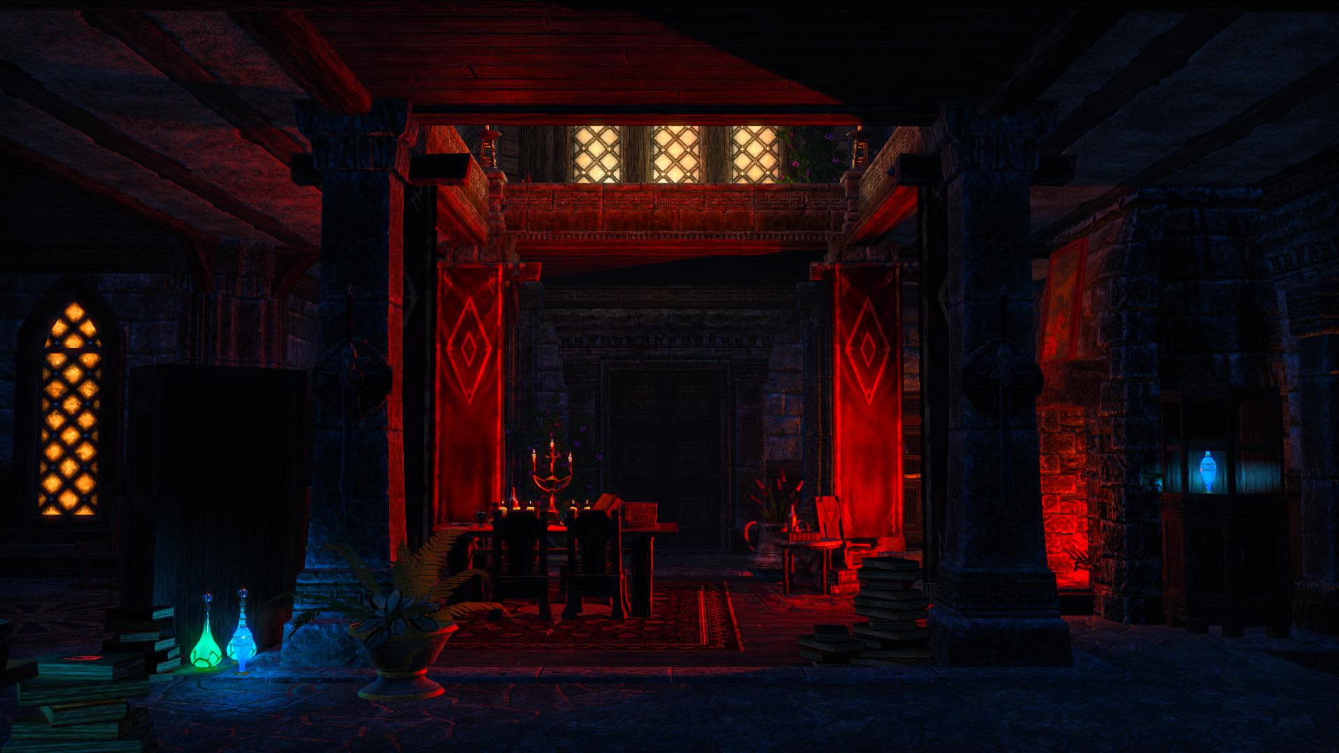 A scary mansion, it has blood red lighting, some fetching drapes and a couple of glowing alchemy bottles in case you forget this is a fantasy game.