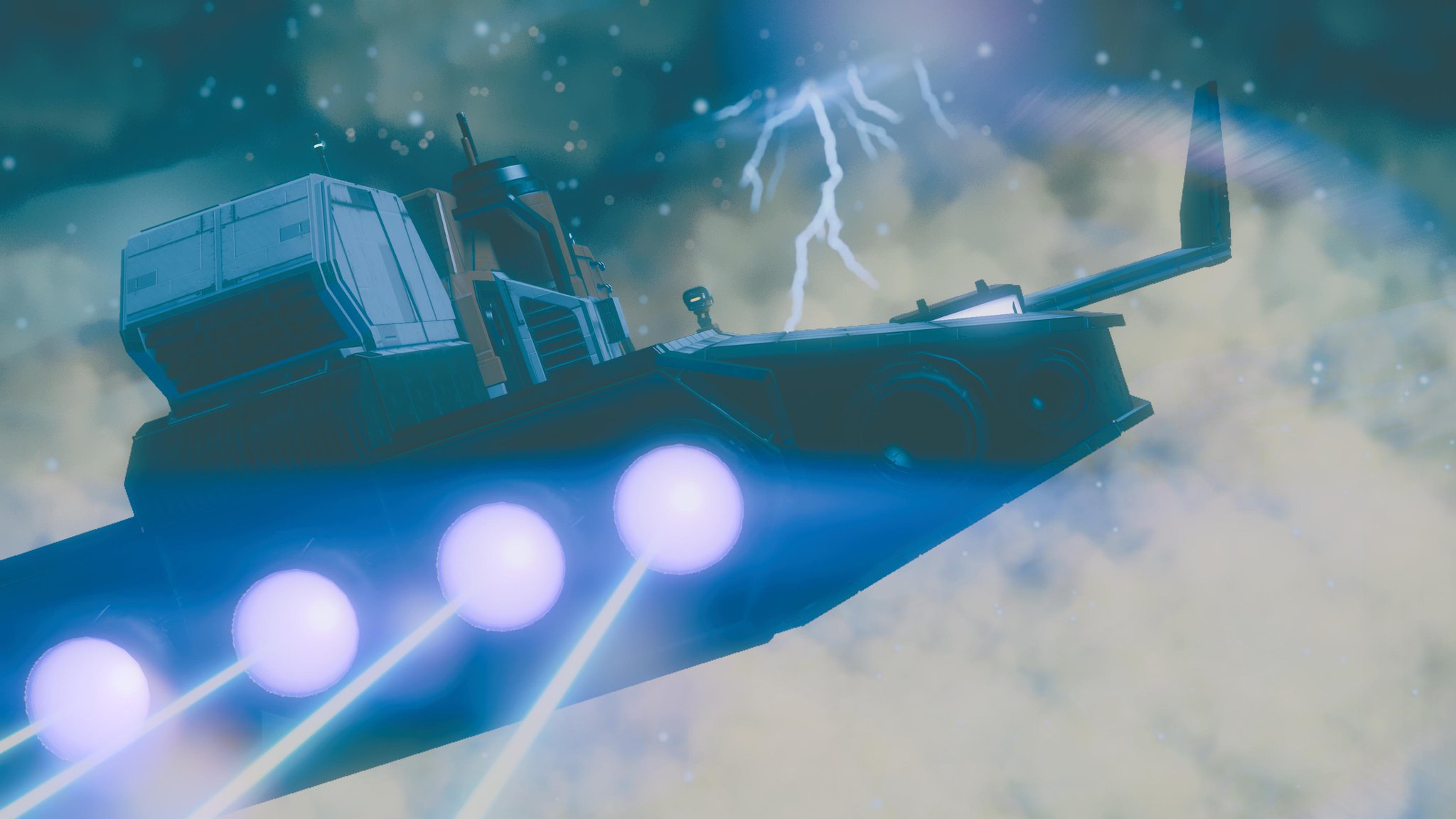 A spaceship careering through the clouds as a lightning storm erupts in front.