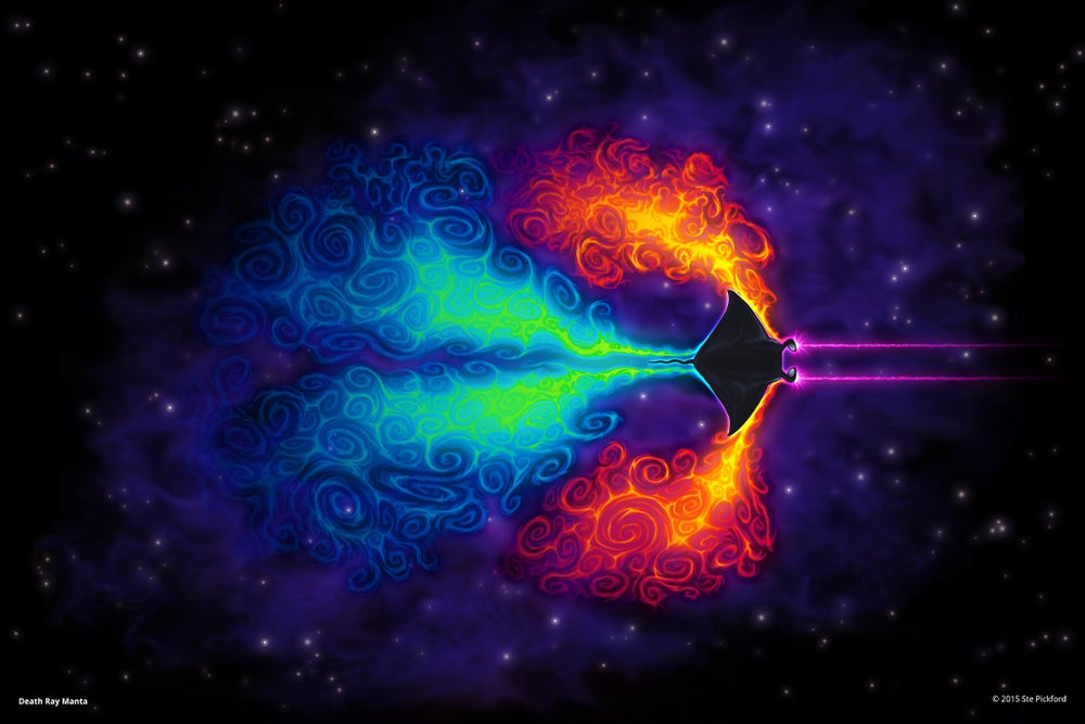 The cover art for the game Death Ray Manta, it is a psychedelic manta ray flying in outer space, firing purple lasers