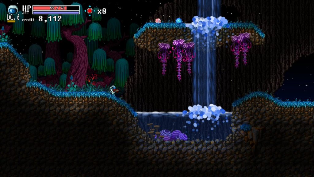 A side view pixelly alien landscape, brown rocks covered in blue grass and purple plants, a waterfall plunges into a lake below, alien looking trees sit in the background. The player, a small astronaut, stands by the lake.