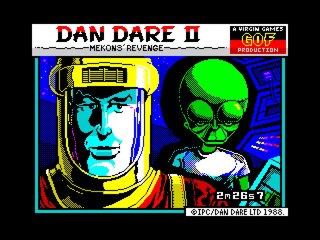 The loading screen from Dan Dare 2. It's the Mekon staring menacingly from behind Dan Dare's shoulder.