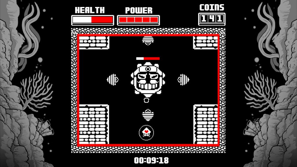 A screenshot from Radio Squid. It's black and white with the occasional red highlight, all pixel art. A boss sits vaguely centre stage shooting chunky projectiles at a squid.