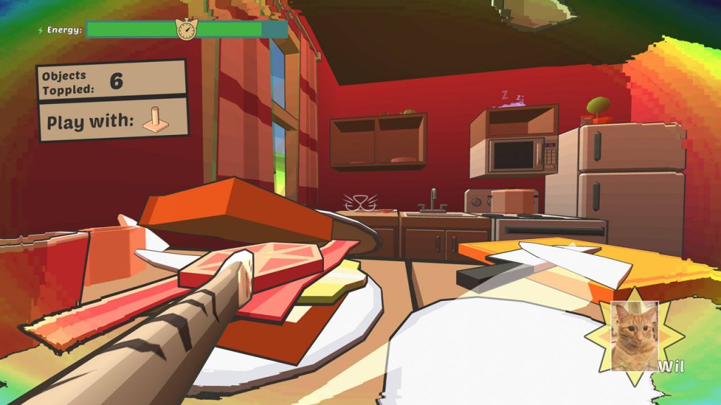 A screenshot from Catlateral Damage showing a cat paw lurching into the screen to trash a bacon sandwich.