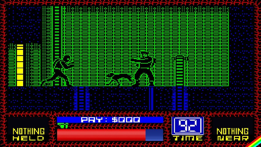 A screenshot from the PS4 port of Clive Townsend's Saboteur. A ninja rushes into a green tunnel to be confronted by a guard dog and armed security guard. There's a bunch of ladders leading up and down out of the room because it's an eighties videogame and they loved ladders.