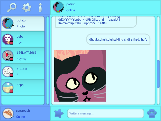 It's a mainly cyan faux chat client. In the top left, you have a magnifying glass, a gear and an I icon, below that a list of contacts with their avatars. To the right is the chat window itself which is filled with cat typing and a drawn picture of a cat. Everyone is a cat in the client.
