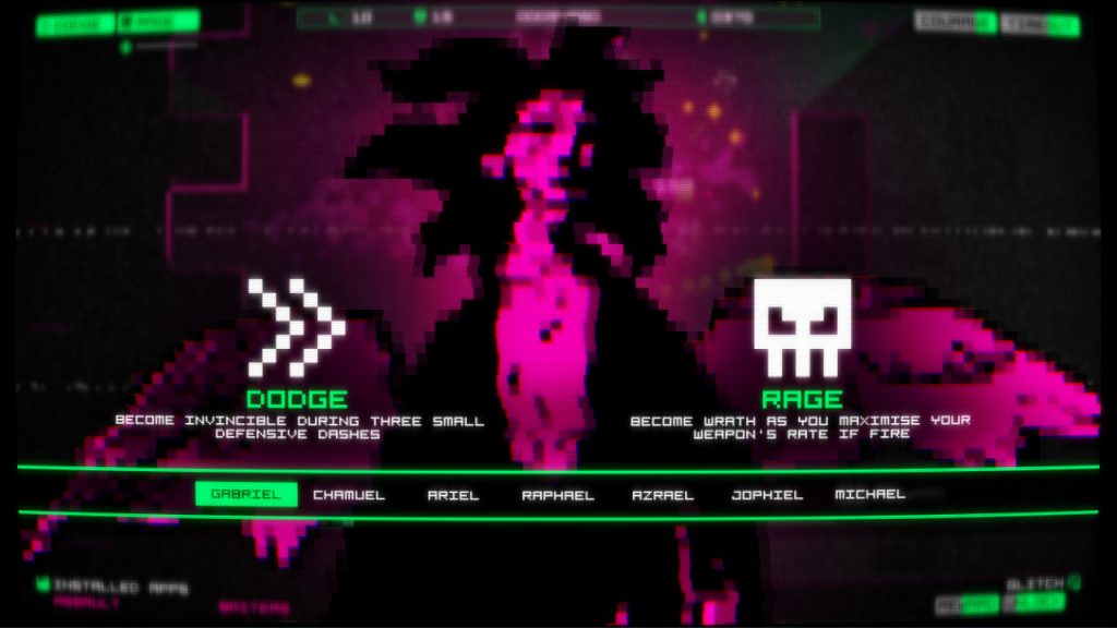 The character select screen from Glitchangels, it's glitchy! And purple. There's a distorted pixelised angel in the background, a green hued user interface with two big icons in white, one some arrows to indicate 'dodge', the other a skull to indicate 'rage'. It's very nineties cybergoth.